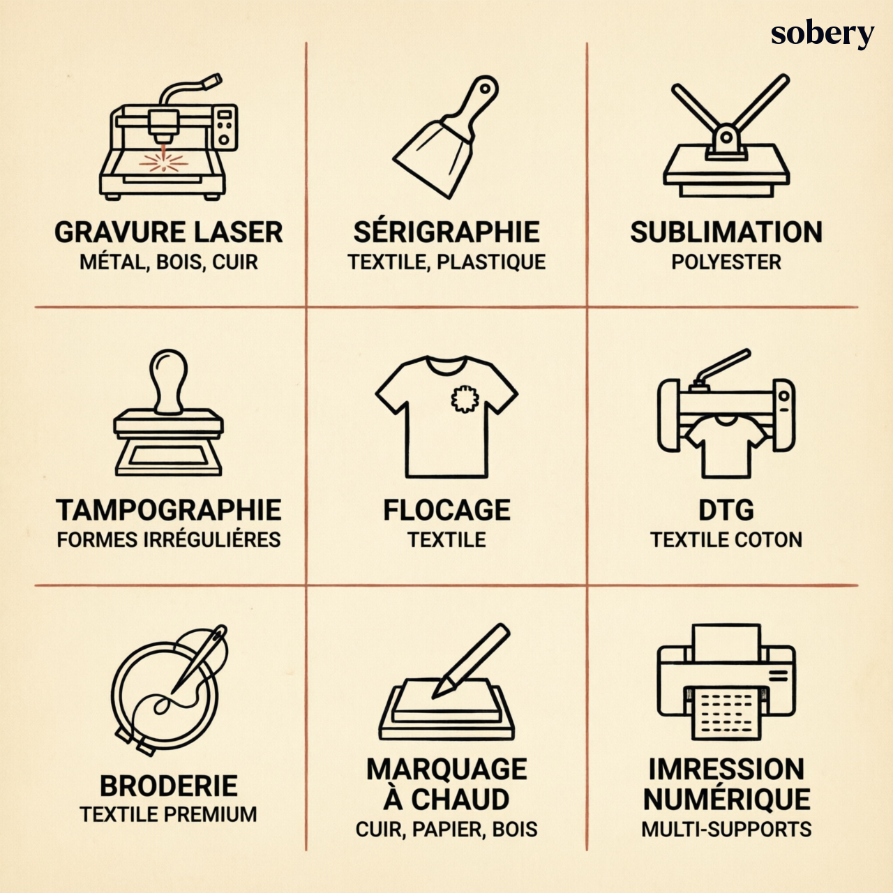 Les 9 techniques de marquage des goodies — gravure laser, sérigraphie, sublimation, tampographie, flocage, DTG, broderie, marquage à chaud, impression numérique les 9 techniques de marquage des goodies et leurs matériaux