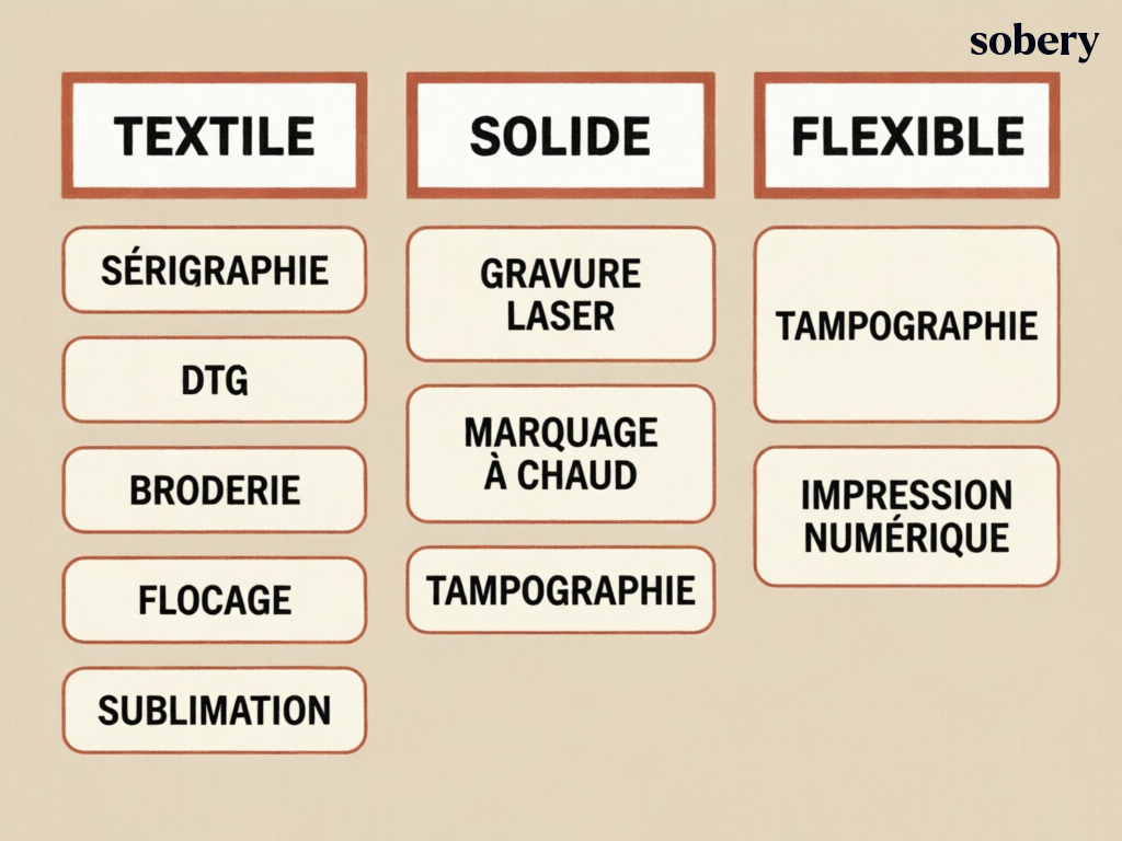 Compatibilité des techniques de marquage selon la matière — textile, solide, flexible compatibilité matière / technique de marquage des goodies