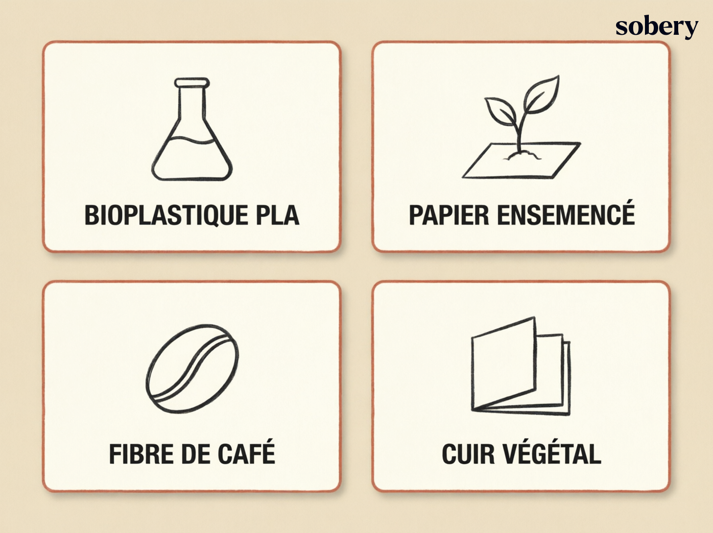 Les 4 matières innovantes — bioplastique PLA, papier ensemencé, fibre de café, cuir végétal les 4 matières innovantes pour goodies écoresponsables