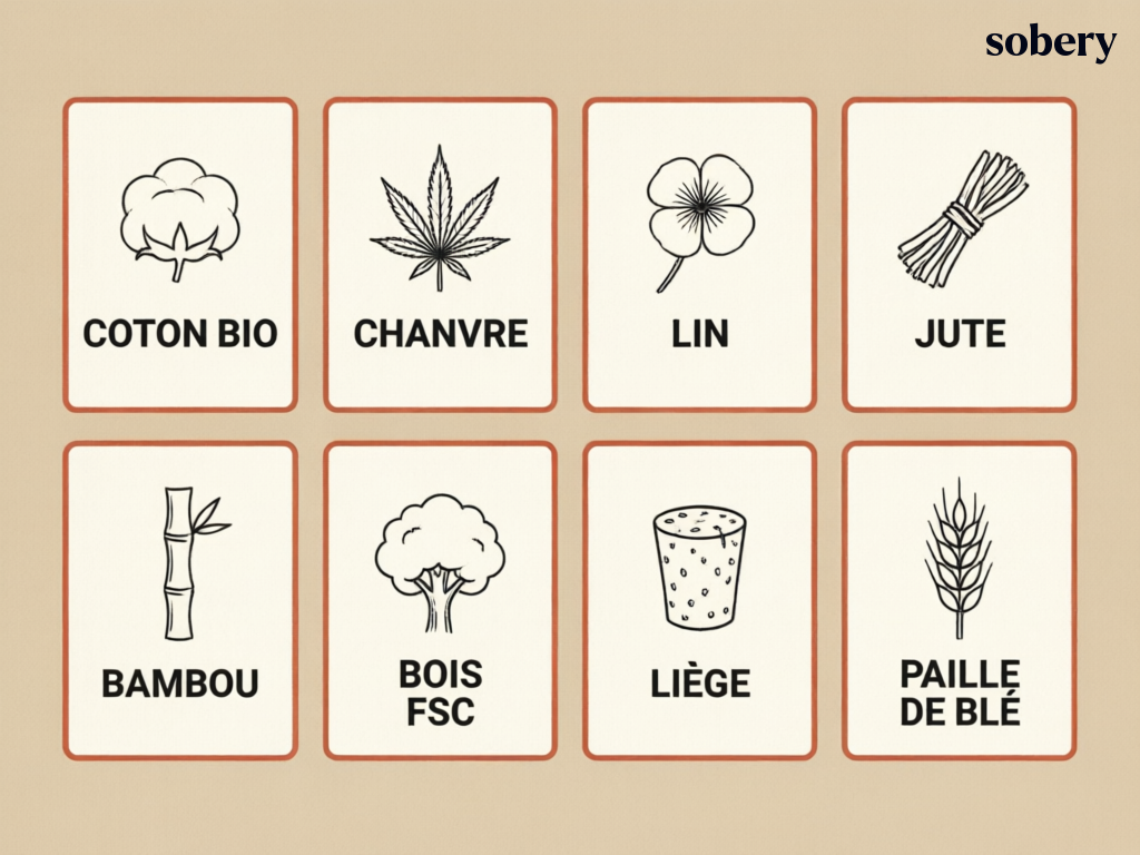 Les 8 matières bio-sourcées — coton bio, chanvre, lin, jute, bambou, bois FSC, liège, paille de blé les 8 matières bio-sourcées pour goodies écoresponsables