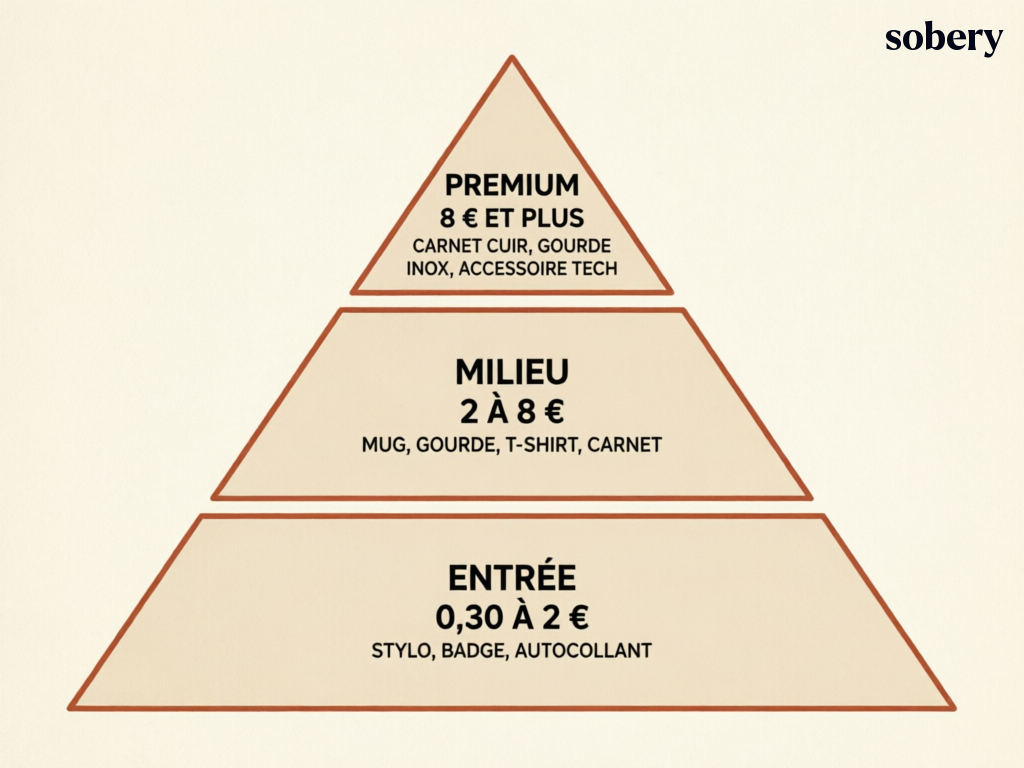 Le prix d'un goodies par niveau de gamme — entrée (0,30 à 2 €), milieu (2 à 8 €), premium (8 € et plus) prix d'un goodies : les 3 niveaux de gamme entrée, milieu et premium