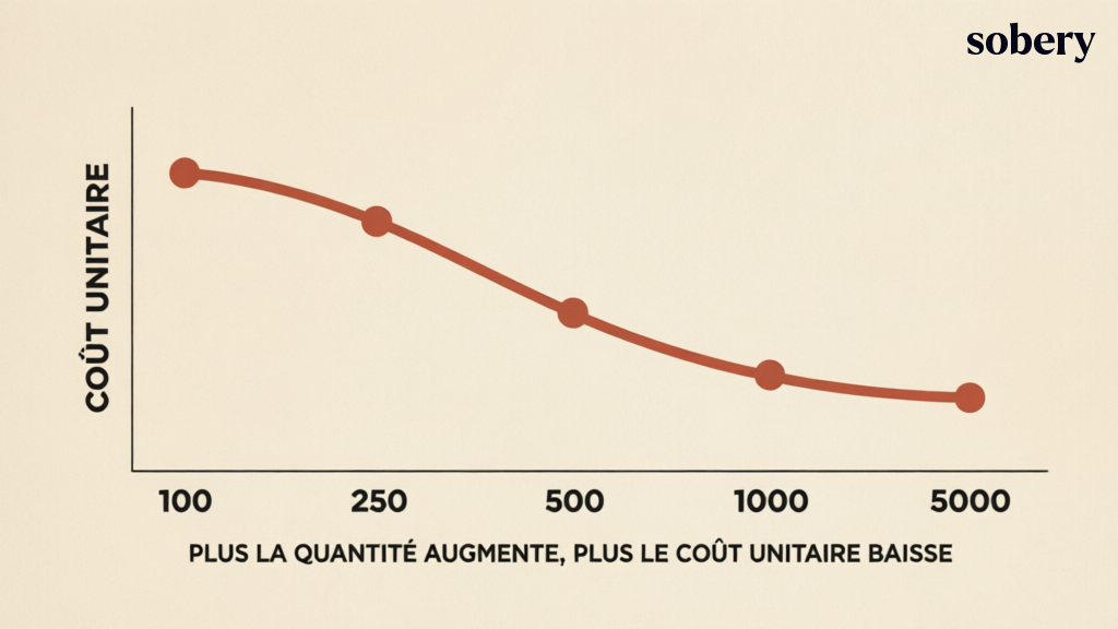 Effet de la quantité sur le coût unitaire d'un goodies — plus la quantité augmente, plus le coût unitaire baisse effet de la quantité commandée sur le coût unitaire d'un goodies