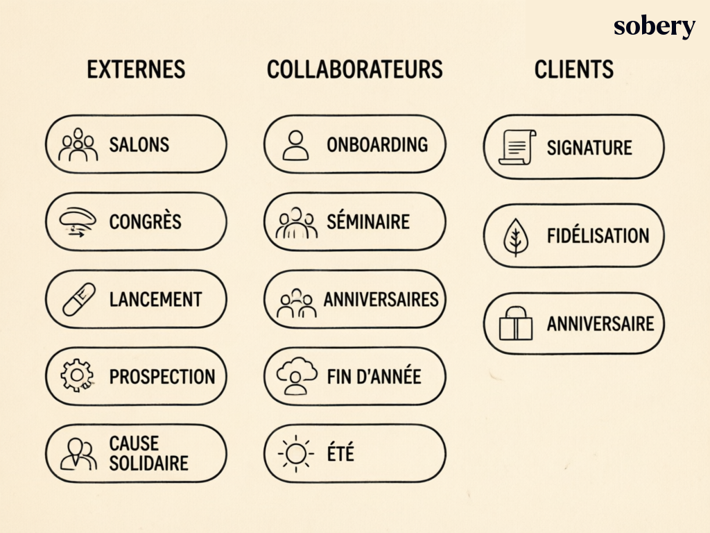 Quand offrir des goodies — les 13 moments répartis en 3 familles : occasions externes, moments collaborateurs, moments clients quand offrir des goodies : 13 moments en 3 familles d'occasions