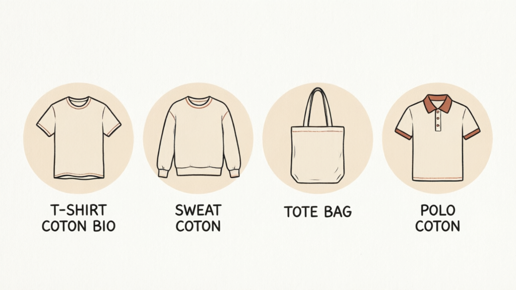 Supports textiles coton compatibles avec l'impression DTG : t-shirt coton bio, sweat coton, tote bag, polo coton