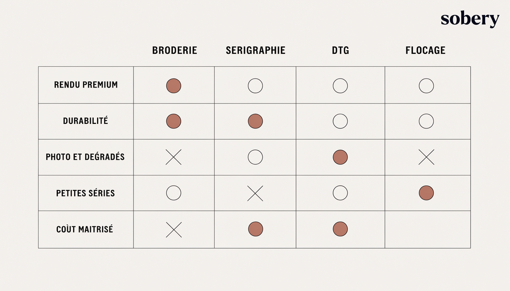Grille de decision comparant broderie, serigraphie, DTG et flocage sur le rendu premium, la durabilite, les photos et degrades, les petites series et le cout maitrise
