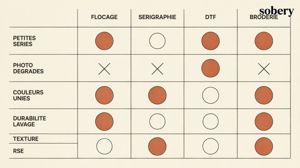 Grille decision flocage serigraphie DTF broderie sur six criteres