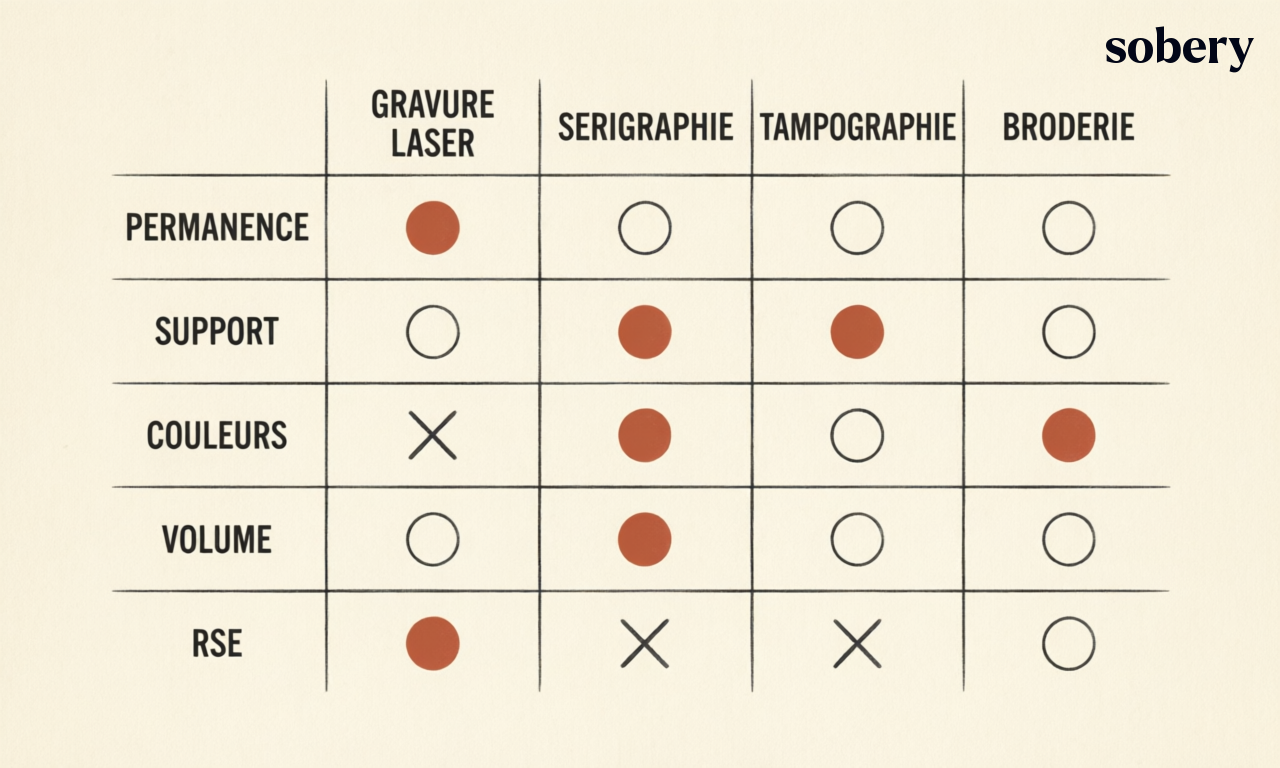 Grille de décision marquage goodies : gravure laser vs sérigraphie tampographie broderie