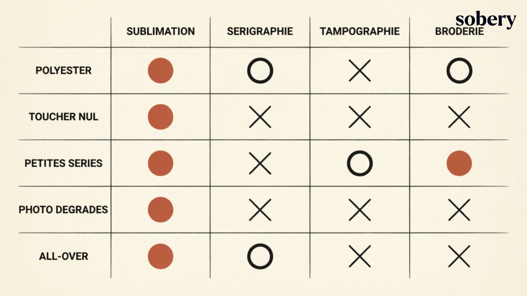 Grille décision sublimation vs sérigraphie vs tampographie vs broderie : 5 critères d'arbitrage