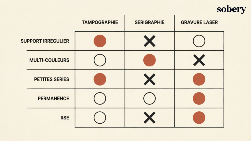 Grille de décision comparant tampographie, sérigraphie et gravure laser sur cinq critères