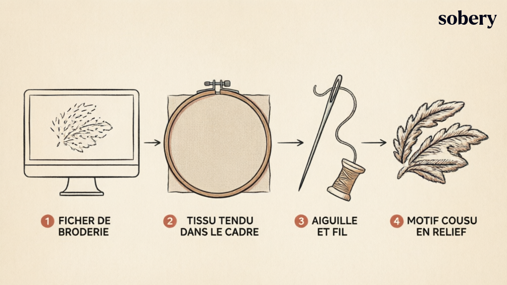 Schema des quatre etapes du procede de broderie machine : fichier de broderie, tissu tendu dans le cadre, aiguille et fil, motif cousu en relief