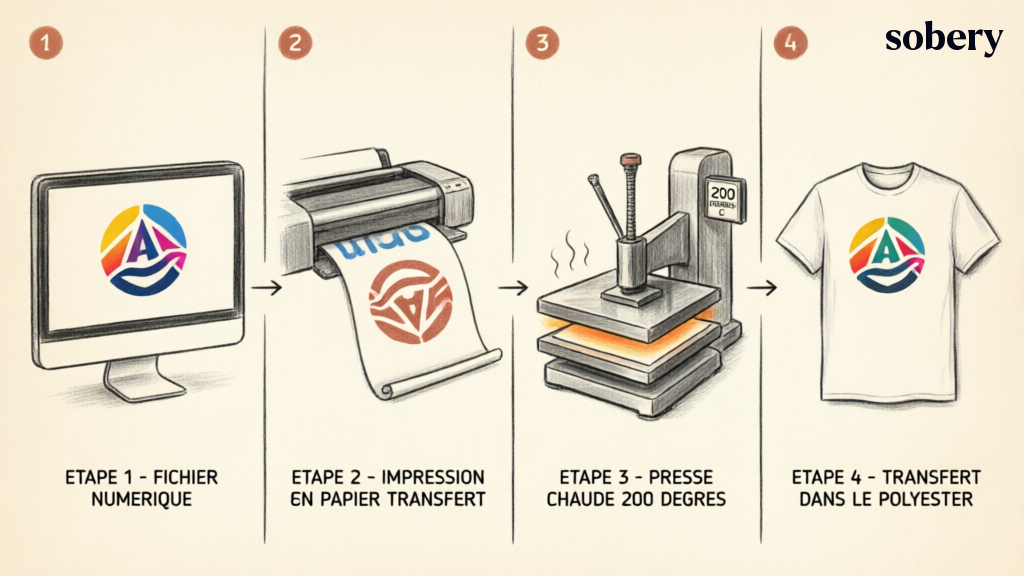 Schéma procédé sublimation 4 étapes : fichier, impression papier transfert, presse chaude 200°C, transfert polyester