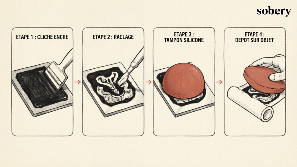 Schéma des quatre étapes du procédé de tampographie : cliché, raclage, tampon silicone, dépôt sur objet