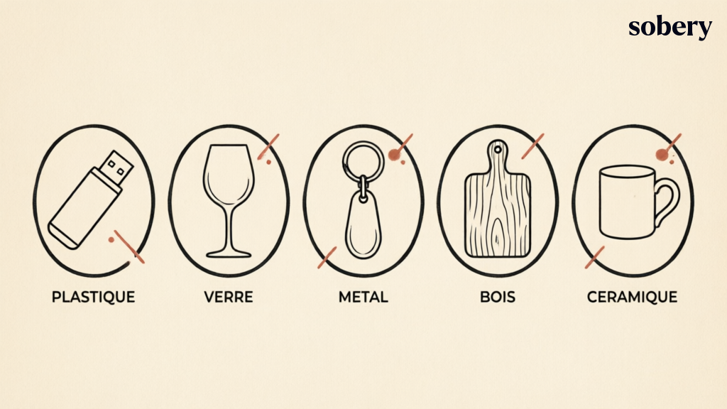 Catalogue des supports compatibles avec la tampographie : plastique, verre, métal, bois, céramique