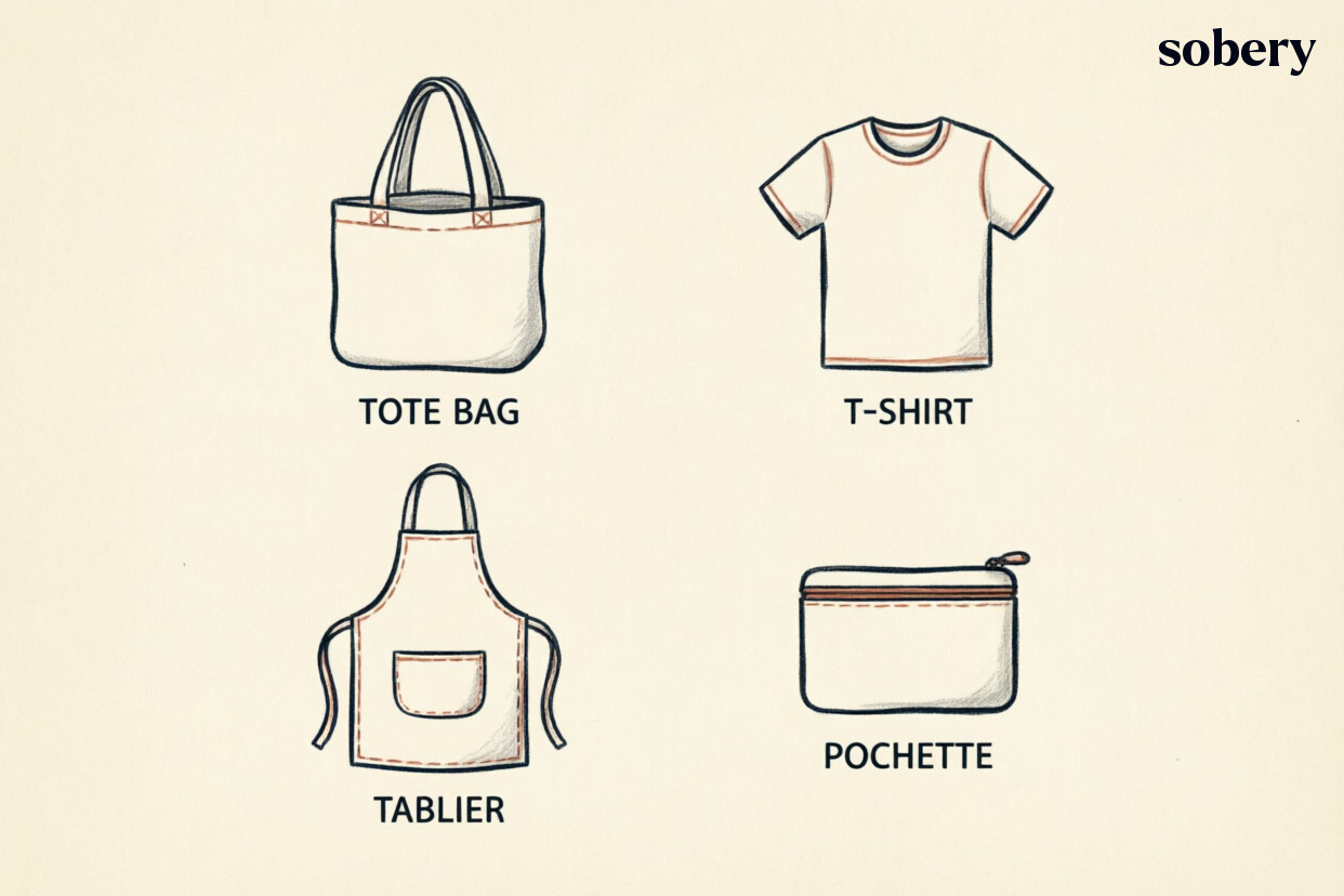 Goodies en coton bio : tote bag, t-shirt, tablier, pochette Quatre goodies en coton bio : tote bag, t-shirt, tablier et pochette