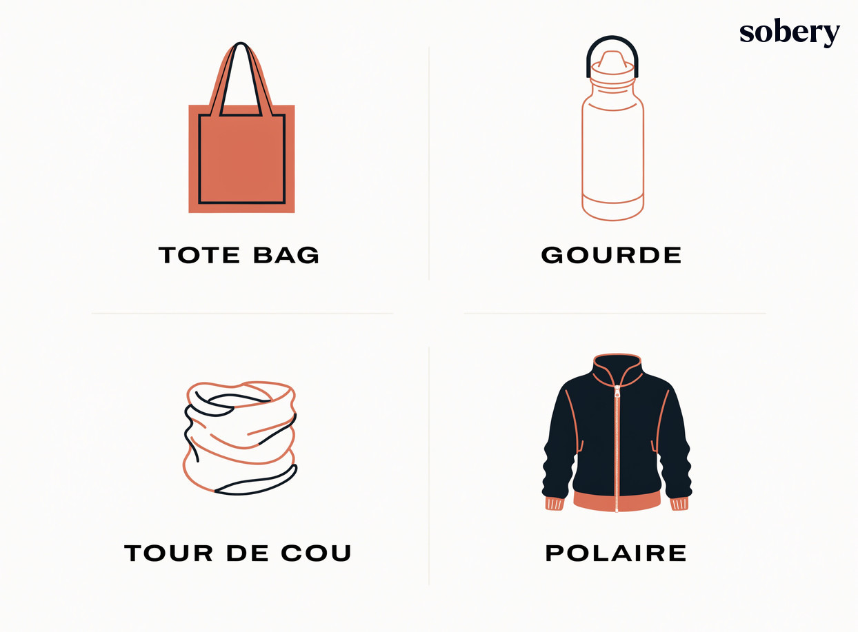 Quatre goodies en RPET : tote bag, gourde, tour de cou et polaire