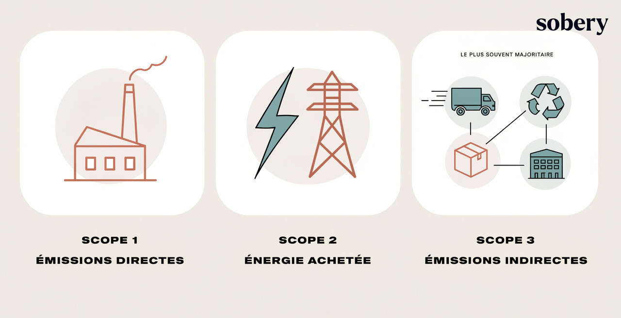 Scopes 1, 2 et 3 : émissions directes, énergie achetée et émissions indirectes (GHG Protocol) Schéma des scopes 1, 2 et 3 du GHG Protocol : émissions directes, énergie achetée, émissions indirectes
